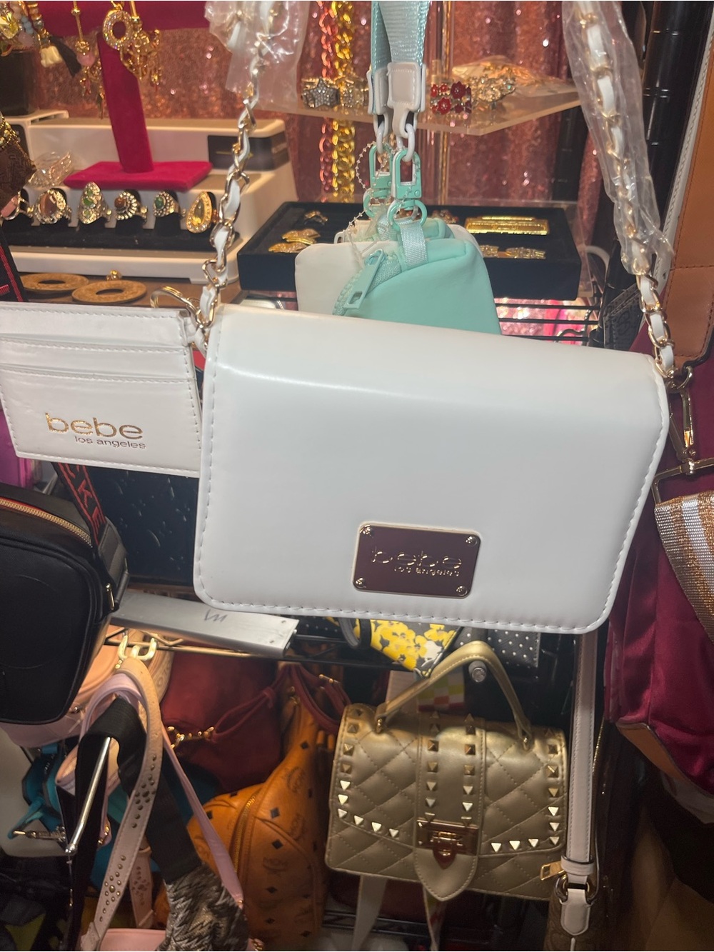 bebe White Crossbody with Gold Plate Detail